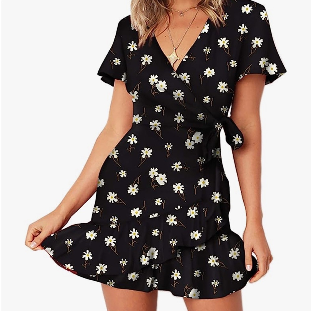 Black Ruffle Floral Wrap Dress
